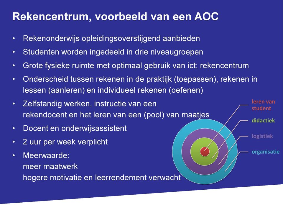 individueel rekenen (oefenen) Zelfstandig werken, instructie van een rekendocent en het leren van een (pool) van maatjes Docent en