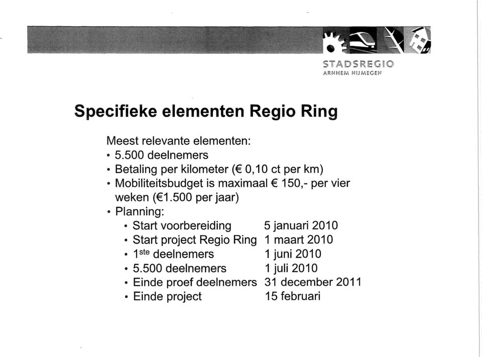 weken ( 1.500 per jaar) Planning: Start voorbereiding Start project Regia Ring 1 ste deelnemers 5.