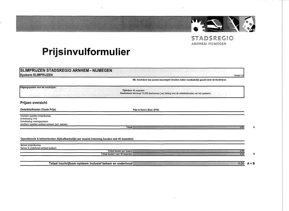 000 deelnemers (van belang voor de ontwikkelkosten van het systeem) Prijzen overzicht Ontwikkelkosten (Vaste Prijs) Prijs in Euro's (Excl.