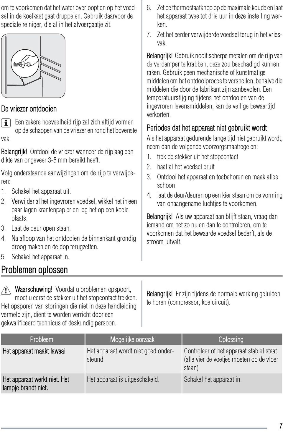 Volg onderstaande aanwijzingen om de rijp te verwijderen: 1. Schakel het apparaat uit. 2.