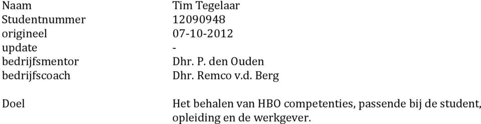 den Ouden bedrijfscoach Dhr. Remco v.d. Berg Doel Het