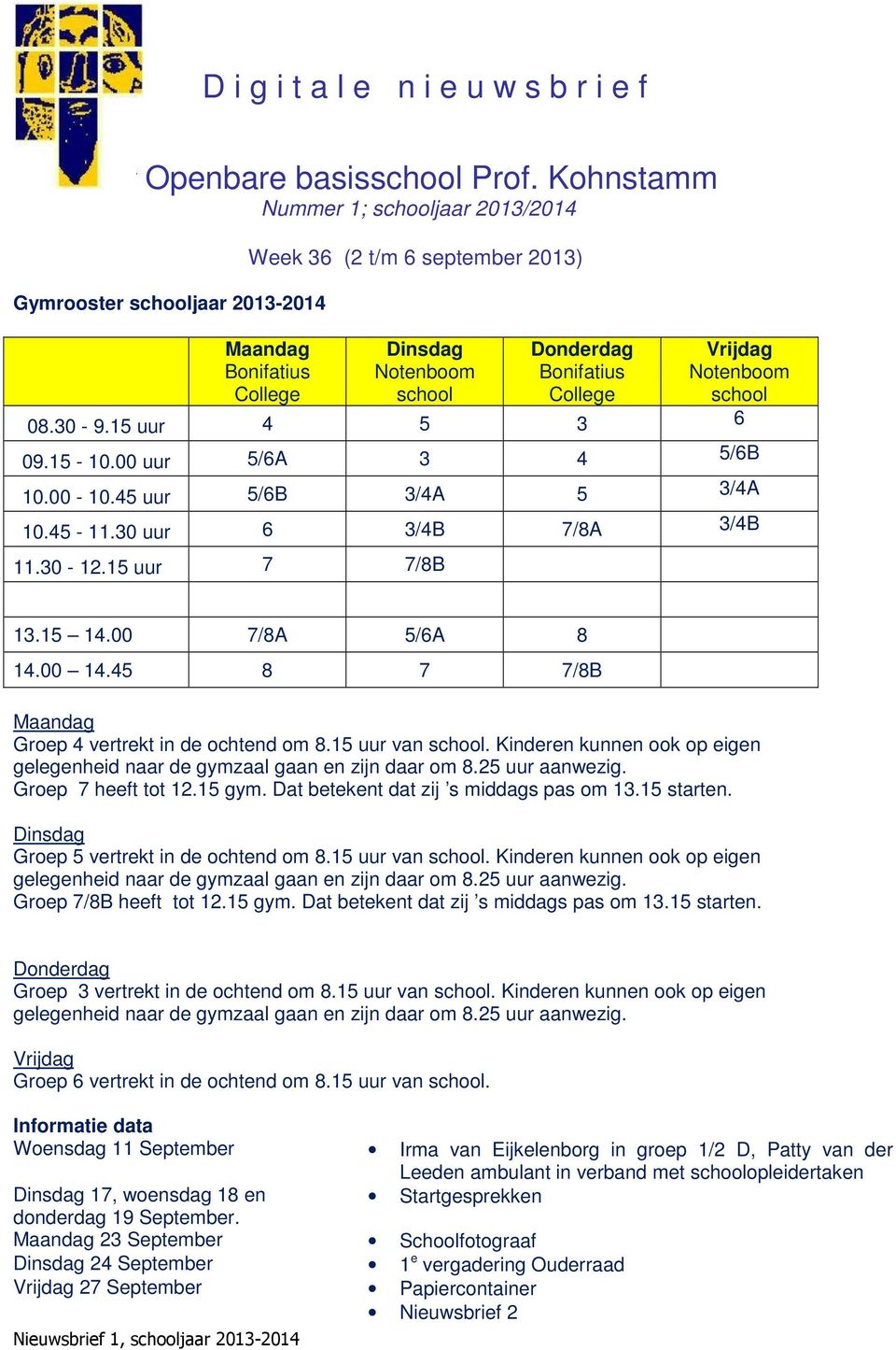 Kinderen kunnen ook op eigen gelegenheid naar de gymzaal gaan en zijn daar om 8.25 uur aanwezig. Groep 7 heeft tot 12.15 gym. Dat betekent dat zij s middags pas om 13.15 starten.