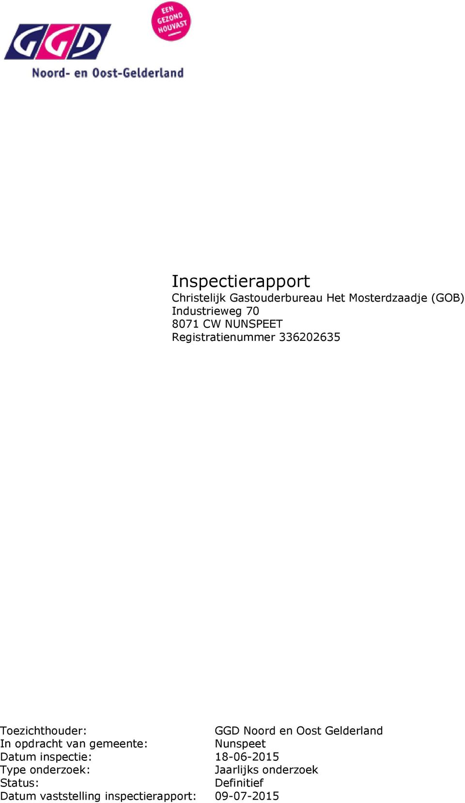 Gelderland In opdracht van gemeente: Nunspeet Datum inspectie: 18-06-2015 Type