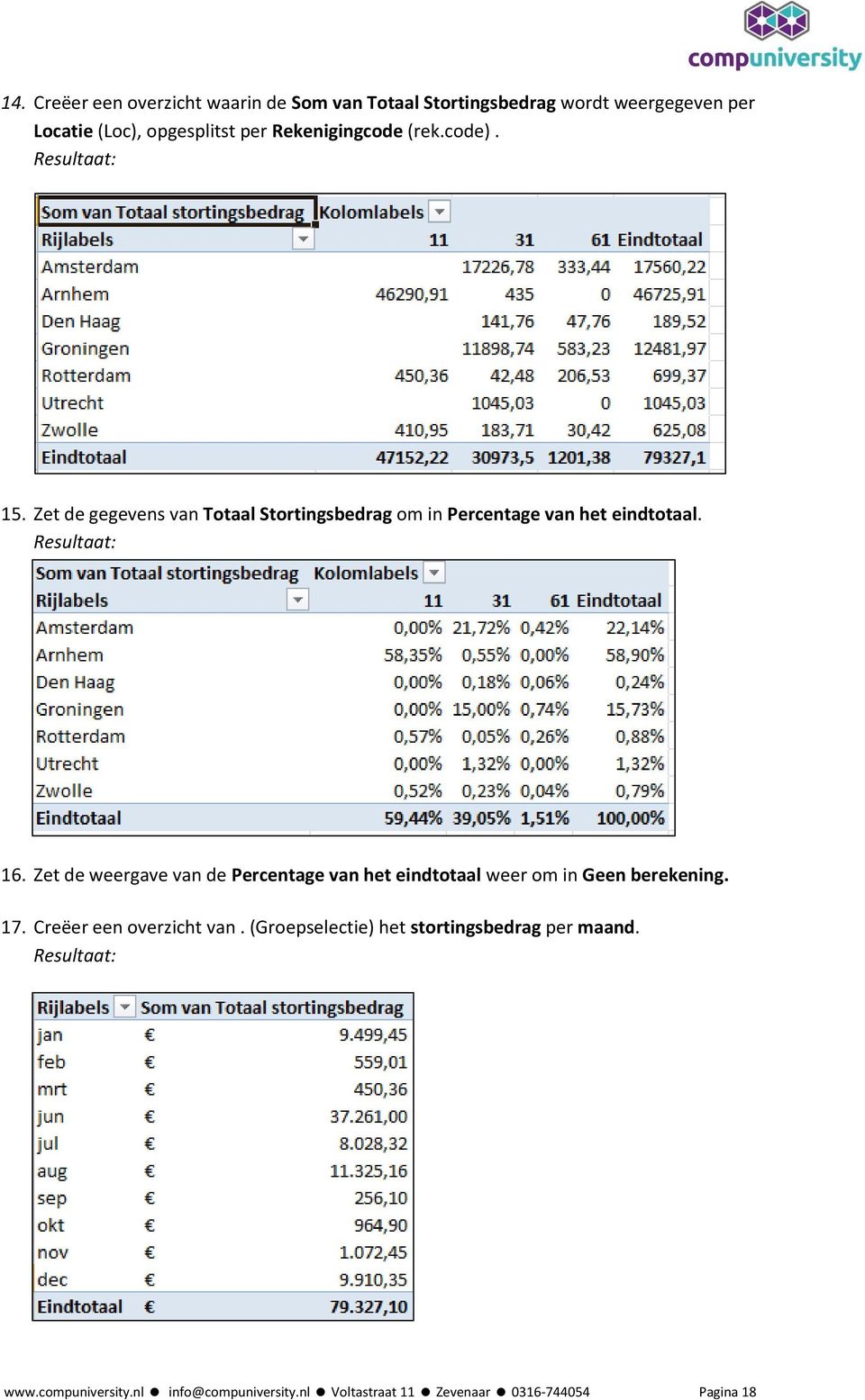 Zet de weergave van de Percentage van het eindtotaal weer om in Geen berekening. 17. Creëer een overzicht van.