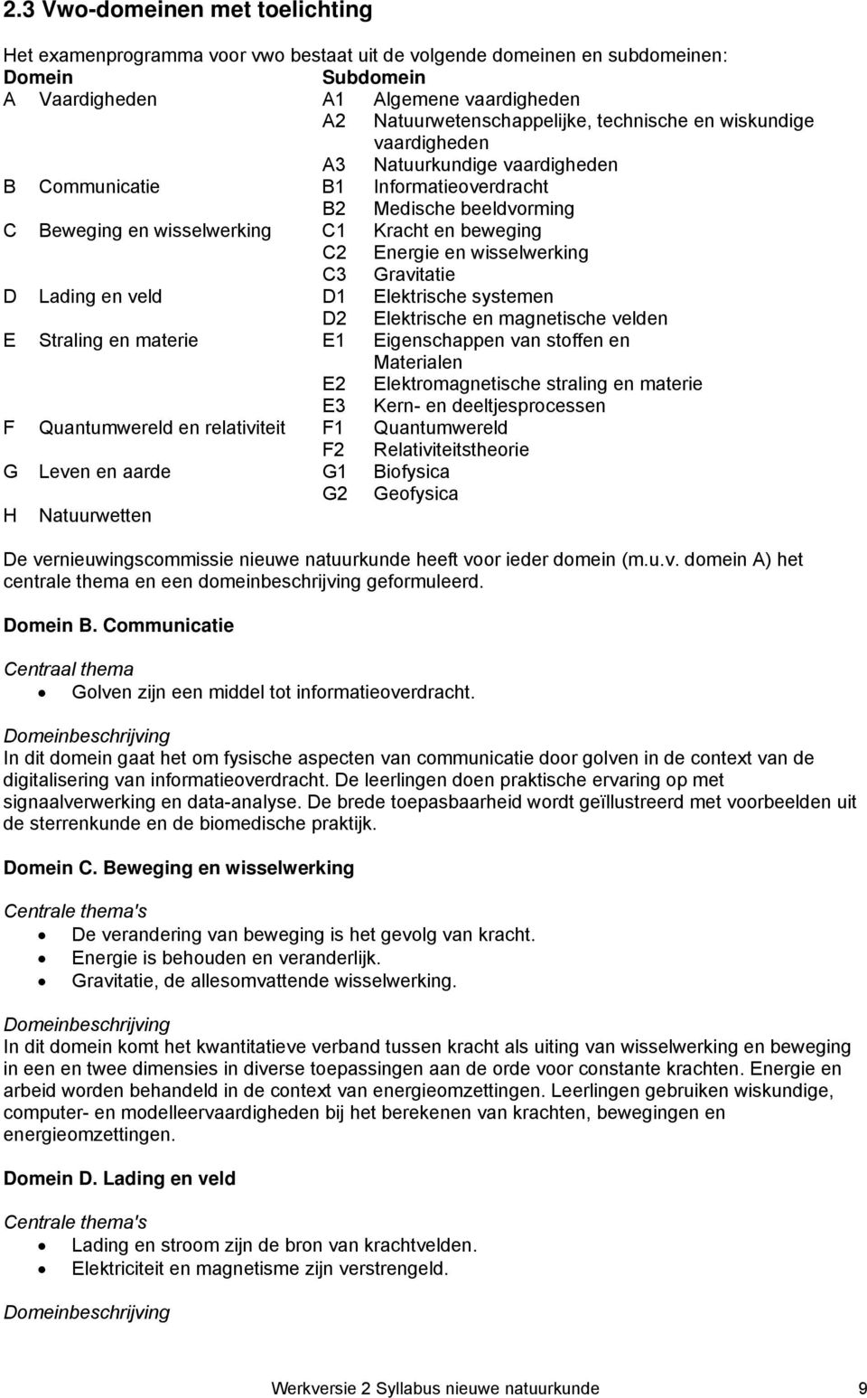 wisselwerking C3 Gravitatie D Lading en veld D1 Elektrische systemen D2 Elektrische en magnetische velden E Straling en materie E1 Eigenschappen van stoffen en Materialen E2 Elektromagnetische