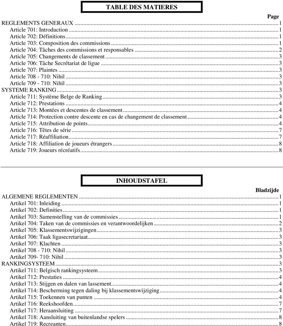 .. 3 Article 709-710: Nihil... 3 SYSTEME RANKING... 3 Article 711: Système Belge de Ranking... 3 Article 712: Prestations... 4 Article 713: Montées et descentes de classement.