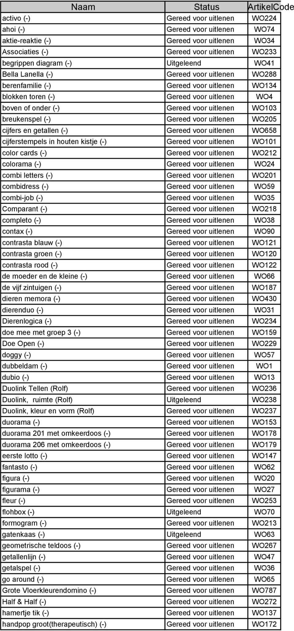 WO103 breukenspel (-) Gereed voor uitlenen WO205 cijfers en getallen (-) Gereed voor uitlenen WO658 cijferstempels in houten kistje (-) Gereed voor uitlenen WO101 color cards (-) Gereed voor uitlenen