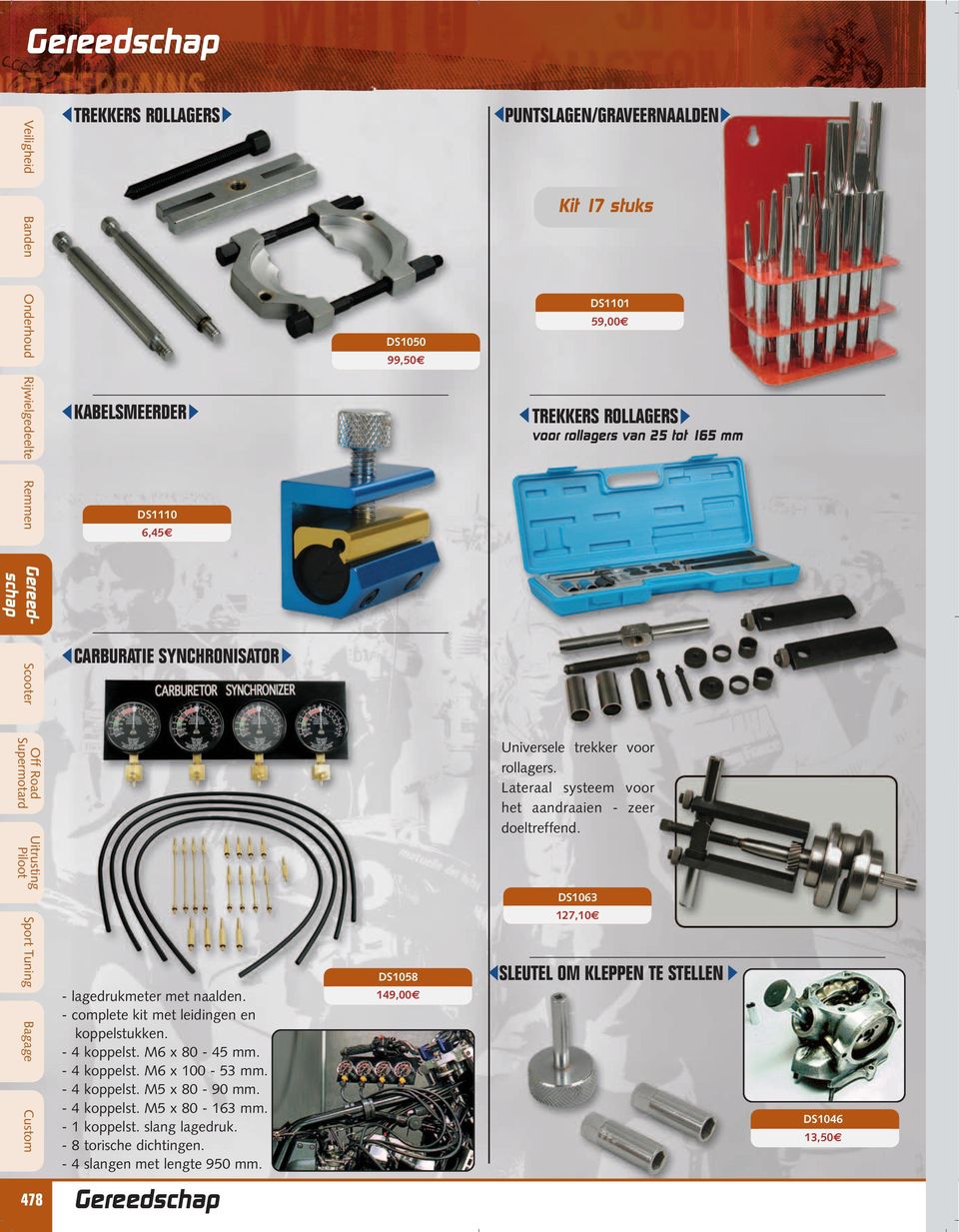 Sport Tuning Bagage Custom - lagedrukmeter met naalden. - complete kit met leidingen en koppelstukken. - 4 koppelst. M6 x 80-45 mm. - 4 koppelst. M6 x 100-53 mm. - 4 koppelst. M5 x 80-90 mm.