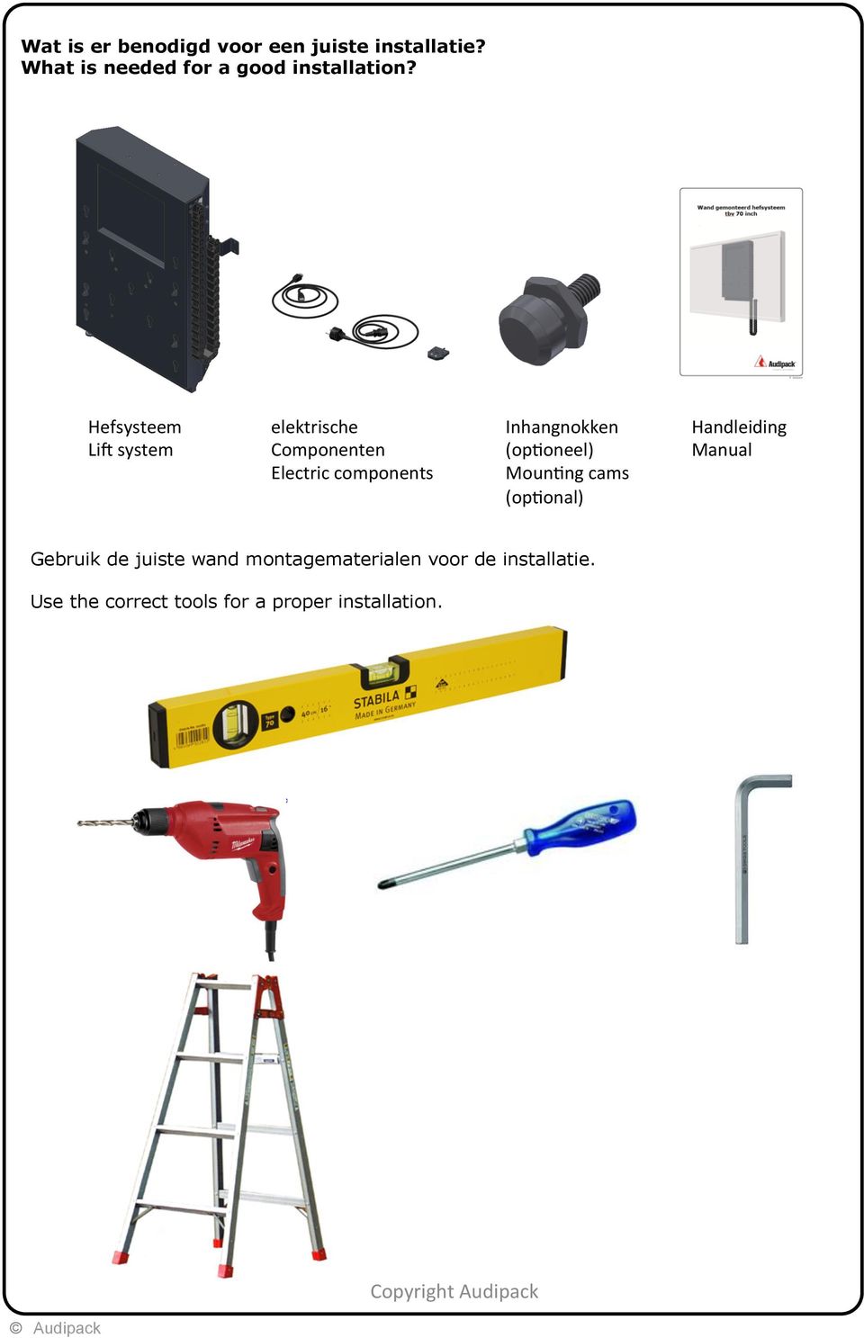 (op=oneel) Moun=ng cams (op=onal) Gebruik de juiste wand montagematerialen voor de