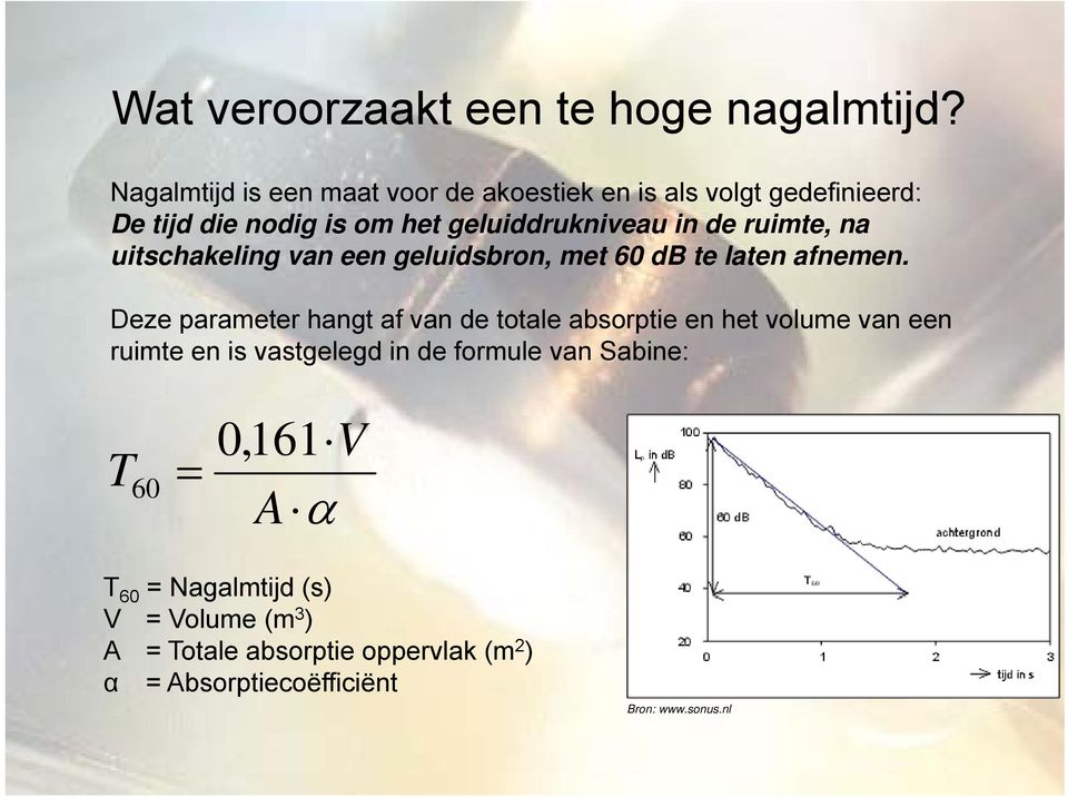 ruimte, na uitschakeling van een geluidsbron, met 60 db te laten afnemen.