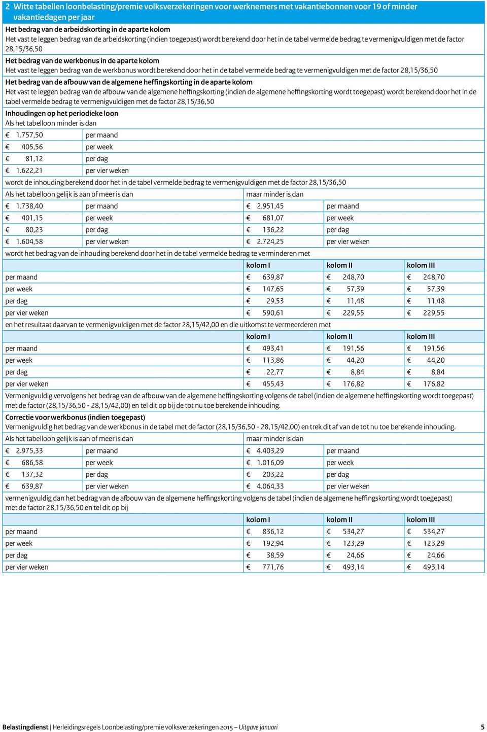 Het vast te leggen bedrag van de werkbonus wordt berekend door het in de tabel vermelde bedrag te vermenigvuldigen met de factor 28,15/36,50 Het bedrag van de afbouw van de algemene heffingskorting