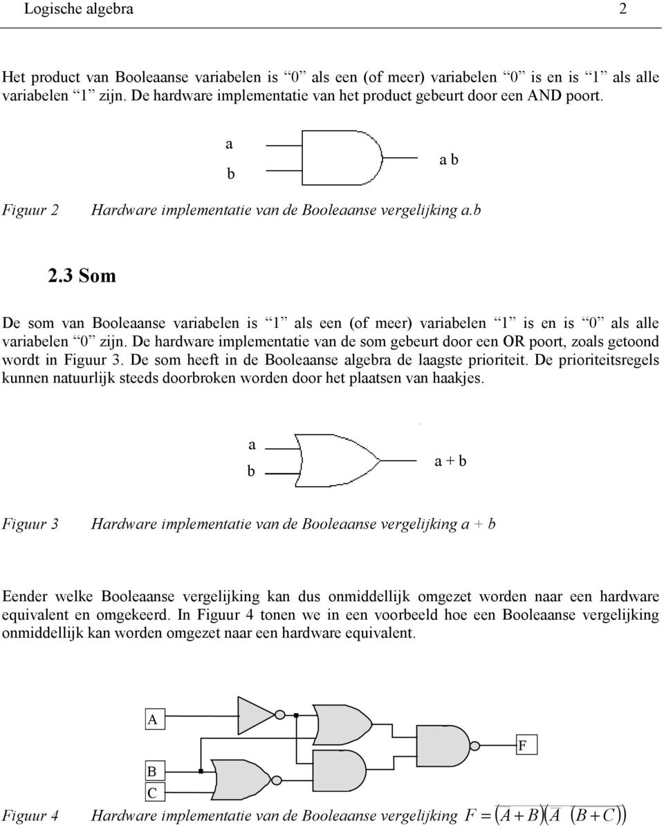 e hardware implementatie van de som gebeurt door een OR poort, zoals getoond wordt in Figuur 3. e som heeft in de ooleaanse algebra de laagste prioriteit.