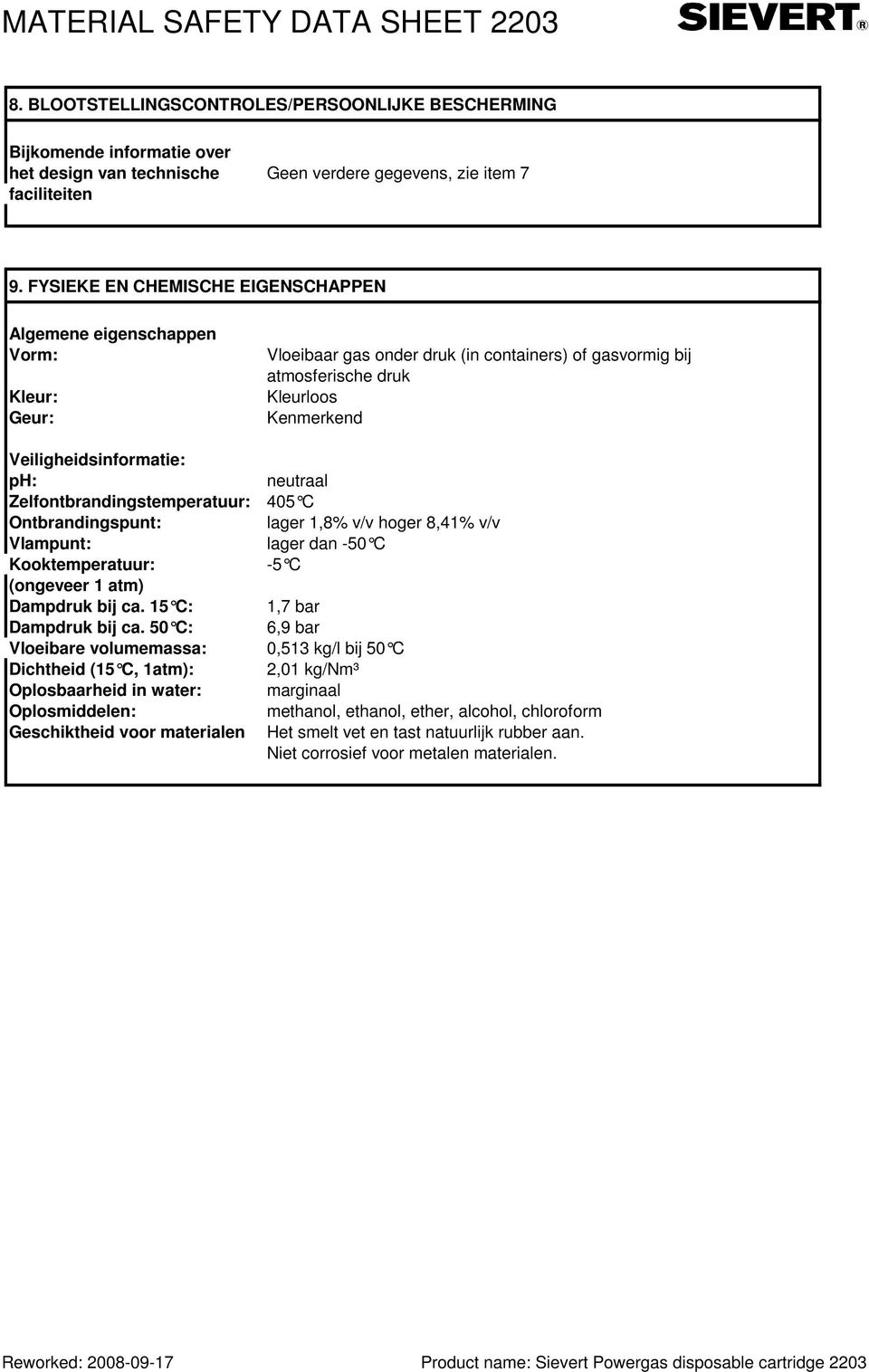 ph: neutraal Zelfontbrandingstemperatuur: 405 C Ontbrandingspunt: lager 1,8% v/v hoger 8,41% v/v Vlampunt: lager dan -50 C Kooktemperatuur: -5 C (ongeveer 1 atm) Dampdruk bij ca.