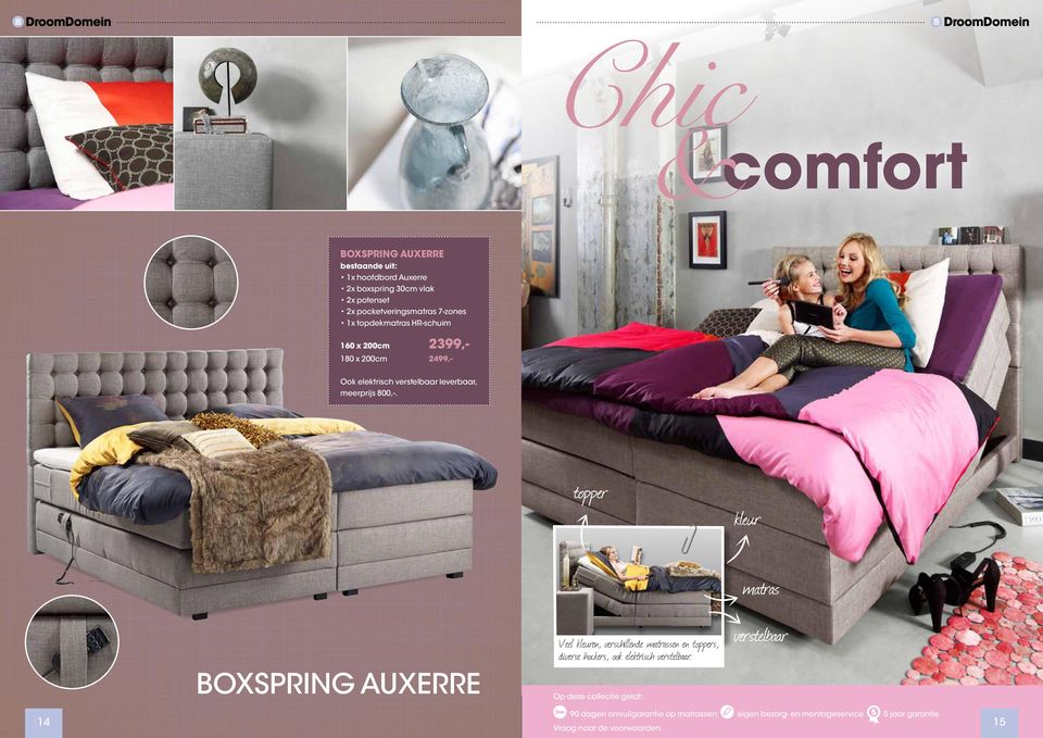 topper kleur BOXSPRING AUXERRE Veel kleuren, verschillende matrassen en toppers, diverse hockers, ook elektrisch verstelbaar.