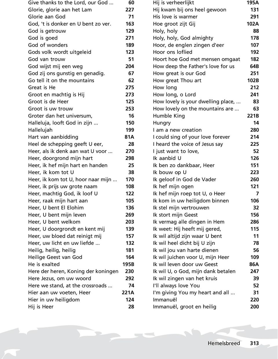 67 Go tell it on the mountains 62 Great is He 275 Groot en machtig is Hij 273 Groot is de Heer 125 Groot is uw trouw 253 Groter dan het universum, 16 Halleluja, looft God in zijn.