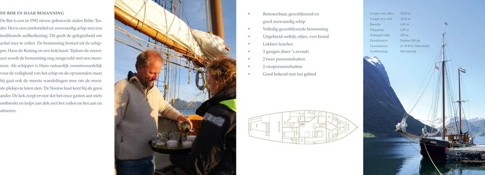 Tijdens de zeerei- Betrouwbaar, gecertificeerd en goed zeewaardig schip Volledig gecertificeerde bemanning Uitgebreid ontbijt, eitjes, vers brood Lekkere lunches 3 gangen diner s avonds Lengte over