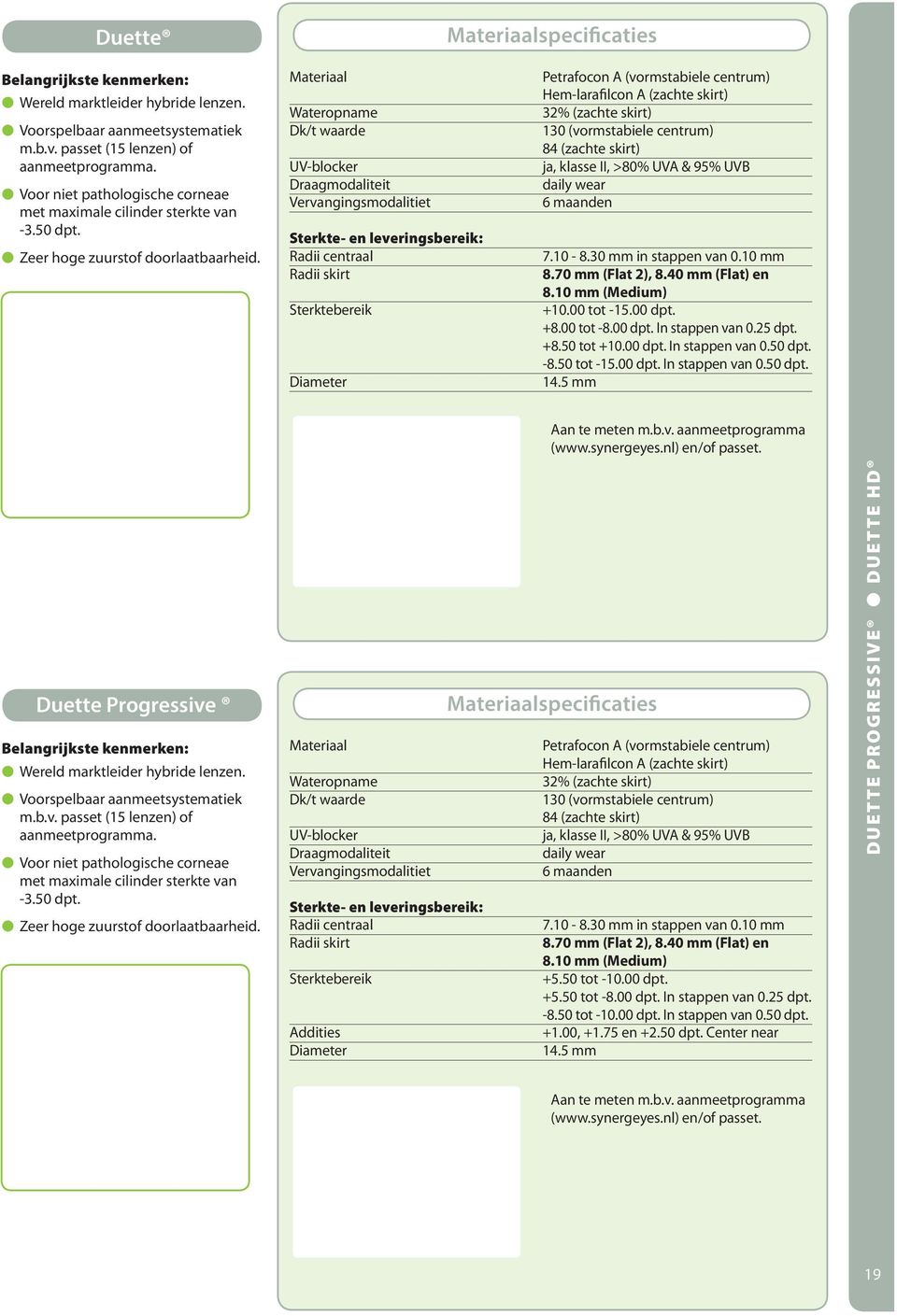 Materiaal Wateropname Dk/t waarde Sterkte- en leveringsbereik: Radii centraal Radii skirt Petrafocon A (vormstabiele centrum) Hem-larafilcon A (zachte skirt) 32% (zachte skirt) 130 (vormstabiele