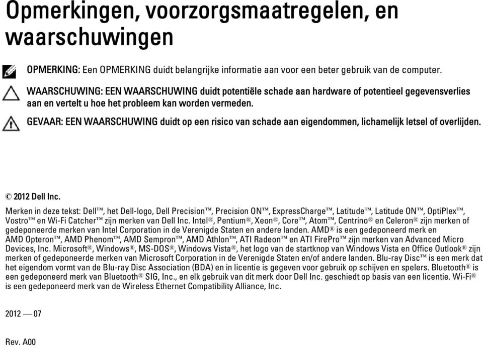 GEVAAR: EEN WAARSCHUWING duidt op een risico van schade aan eigendommen, lichamelijk letsel of overlijden. 2012 Dell Inc.