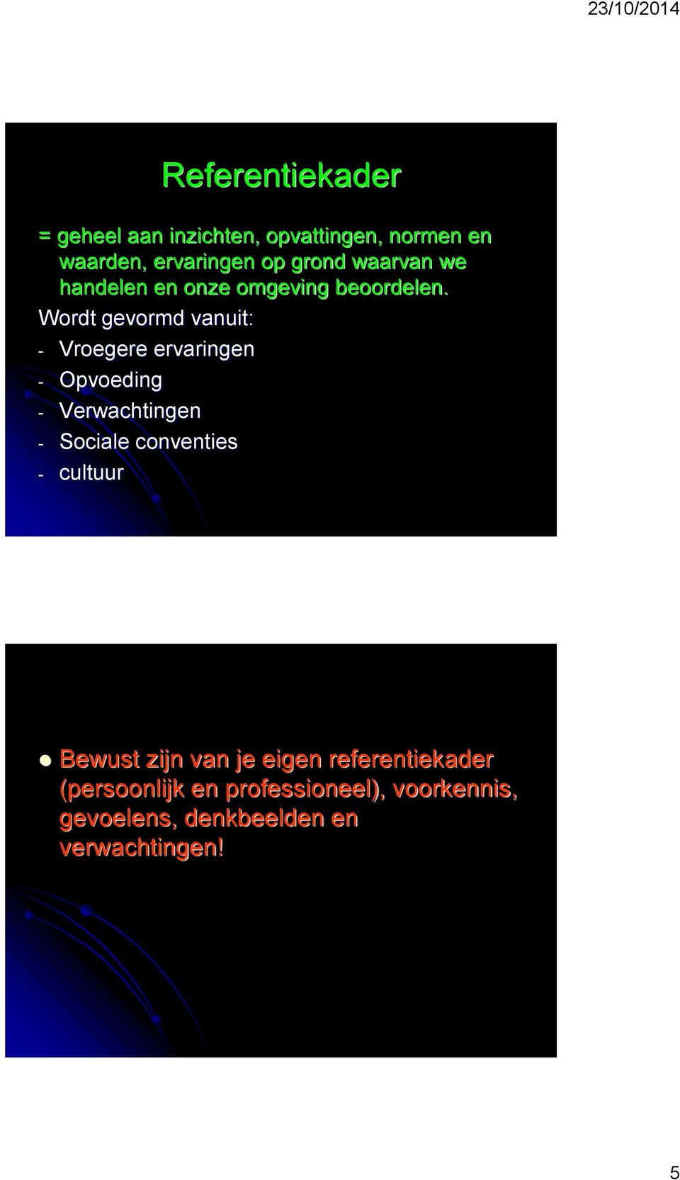 Wordt gevormd vanuit: - Vroegere ervaringen - Opvoeding - Verwachtingen - Sociale conventies