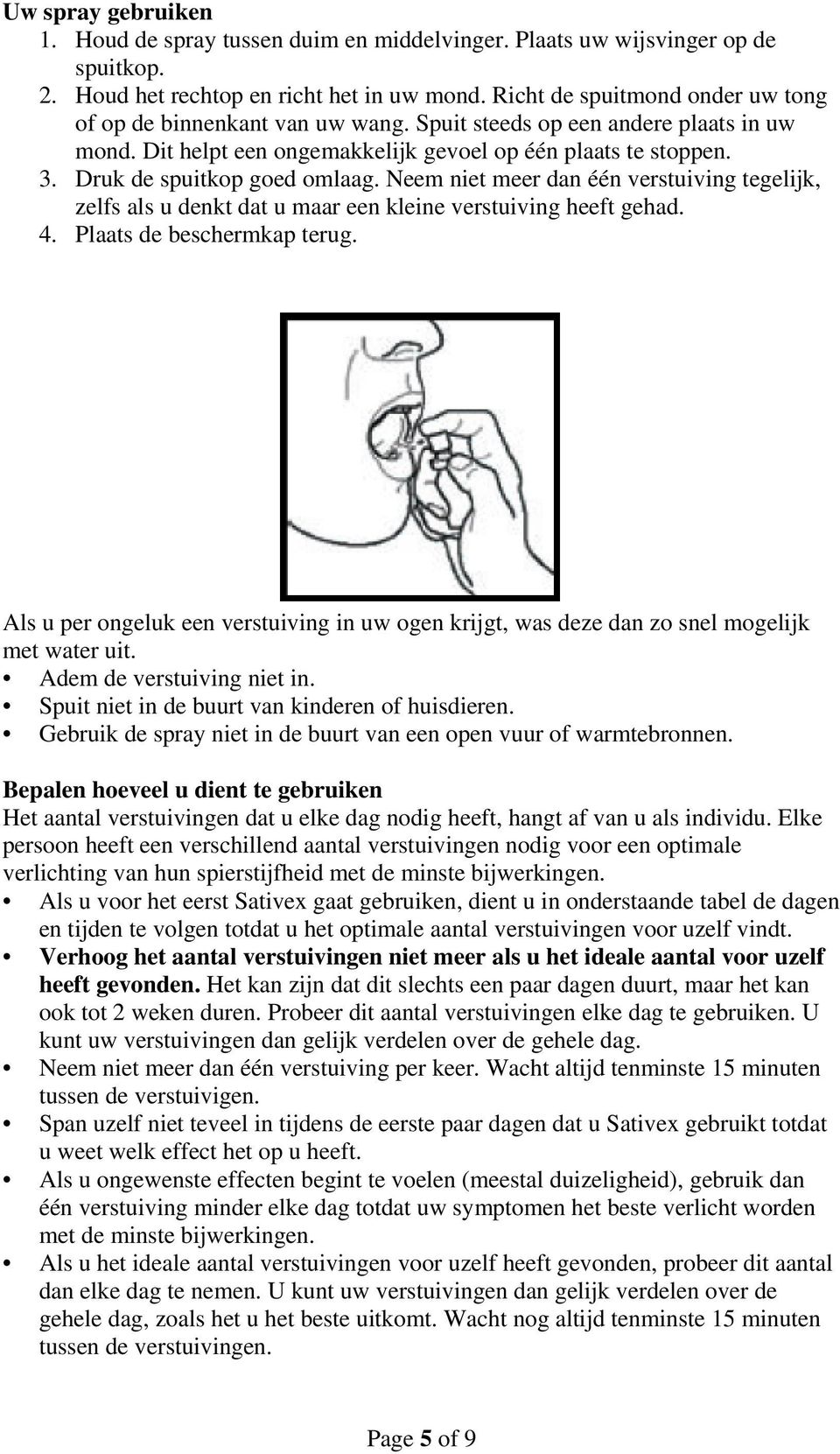 Druk de spuitkop goed omlaag. Neem niet meer dan één verstuiving tegelijk, zelfs als u denkt dat u maar een kleine verstuiving heeft gehad. 4. Plaats de beschermkap terug.