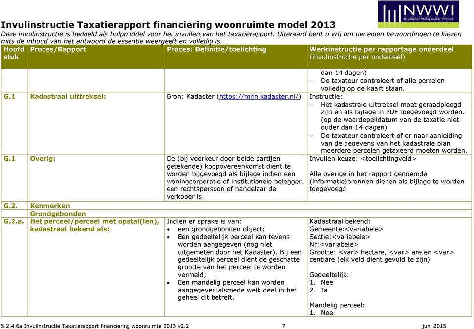 (op de waardepeildatum van de taxatie niet ouder dan 14 dagen) - De taxateur controleert of er naar aanleiding van de gegevens van het kadastrale plan meerdere percelen getaxeerd moeten worden. G.