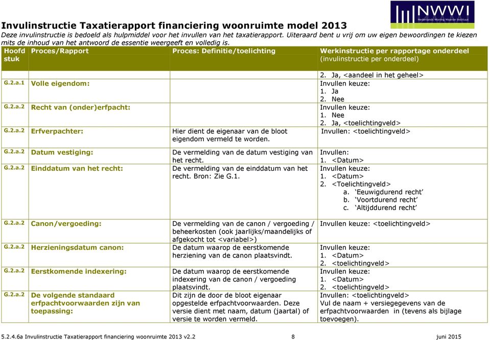 2.a.2 Herzieningsdatum canon: De datum waarop de eerstkomende herziening van de canon plaatsvindt. G.2.a.2 Eerstkomende indexering: De datum waarop de eerstkomende indexering van de canon / vergoeding plaatsvindt.