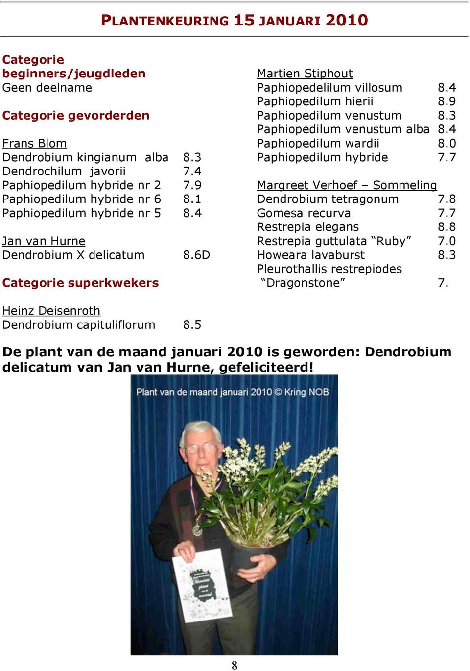 9 Paphiopedilum venustum 8.3 Paphiopedilum venustum alba 8.4 Paphiopedilum wardii 8.0 Paphiopedilum hybride 7.7 Margreet Verhoef Sommeling Dendrobium tetragonum 7.8 Gomesa recurva 7.