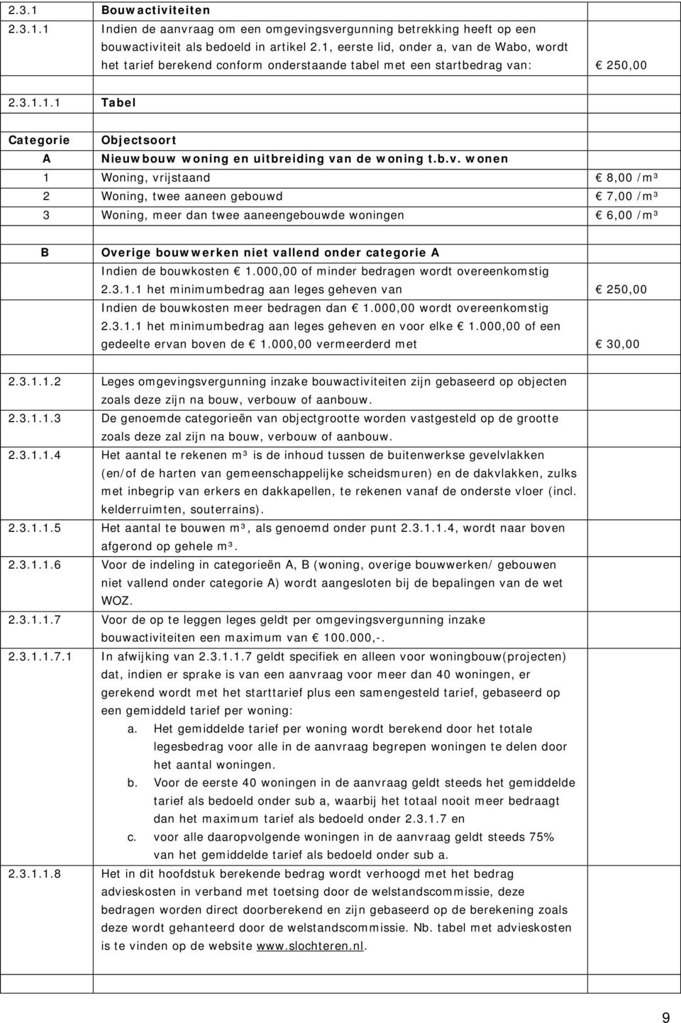 b.v. wonen 1 Woning, vrijstaand 8,00 /m³ 2 Woning, twee aaneen gebouwd 7,00 /m³ 3 Woning, meer dan twee aaneengebouwde woningen 6,00 /m³ B Overige bouwwerken niet vallend onder categorie A Indien de