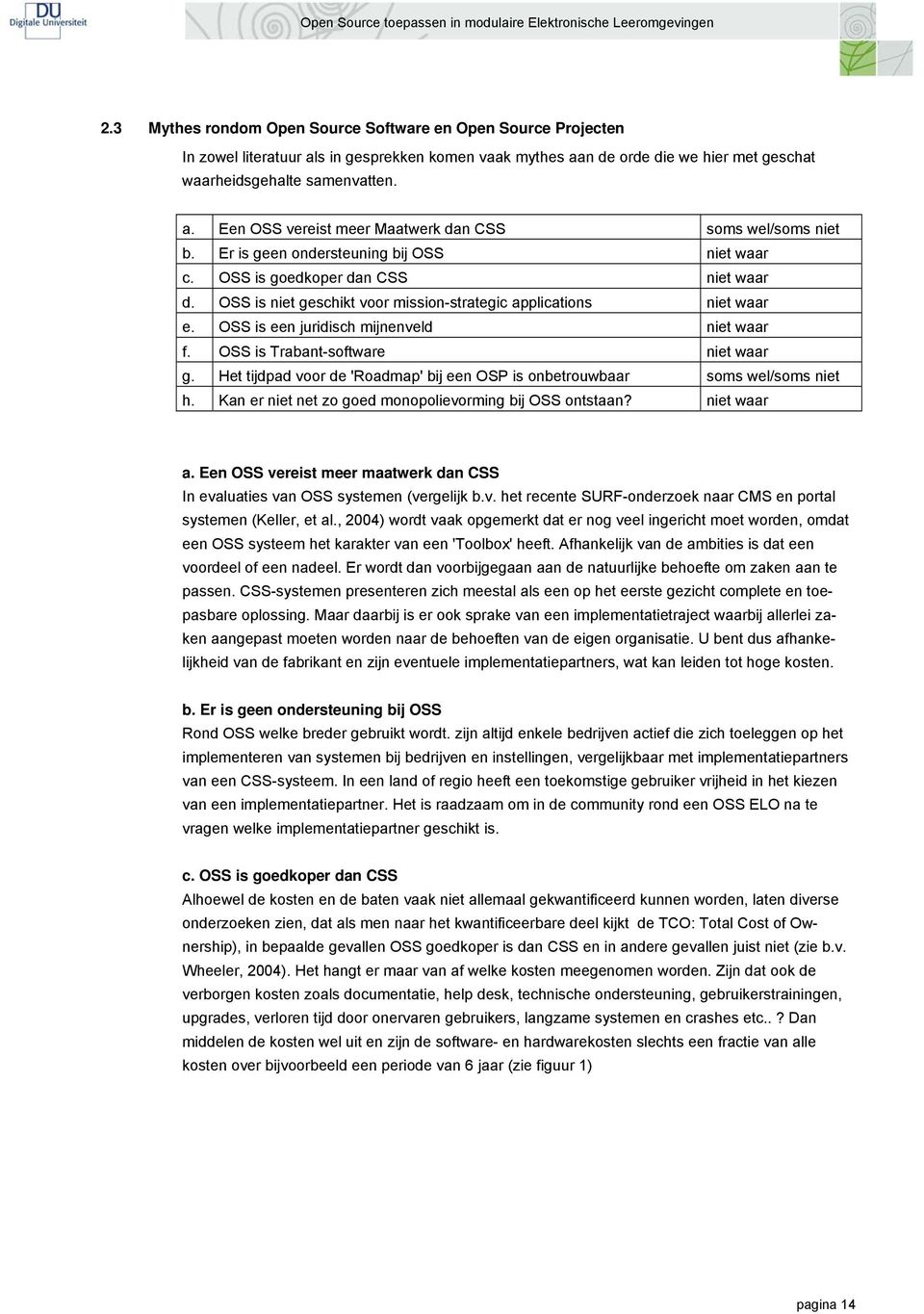 OSS is Trabant-software niet waar g. Het tijdpad voor de 'Roadmap' bij een OSP is onbetrouwbaar soms wel/soms niet h. Kan er niet net zo goed monopolievorming bij OSS ontstaan? niet waar a.