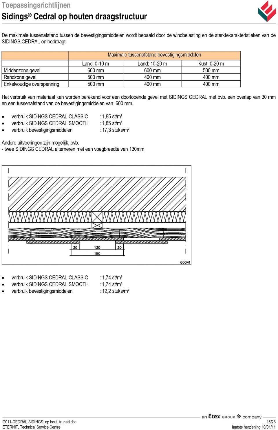 materiaal kan worden berekend voor een doorlopende gevel met SIDINGS CEDRAL met bvb. een overlap van 30 mm en een tussenafstand van de bevestigingsmiddelen van 600 mm.