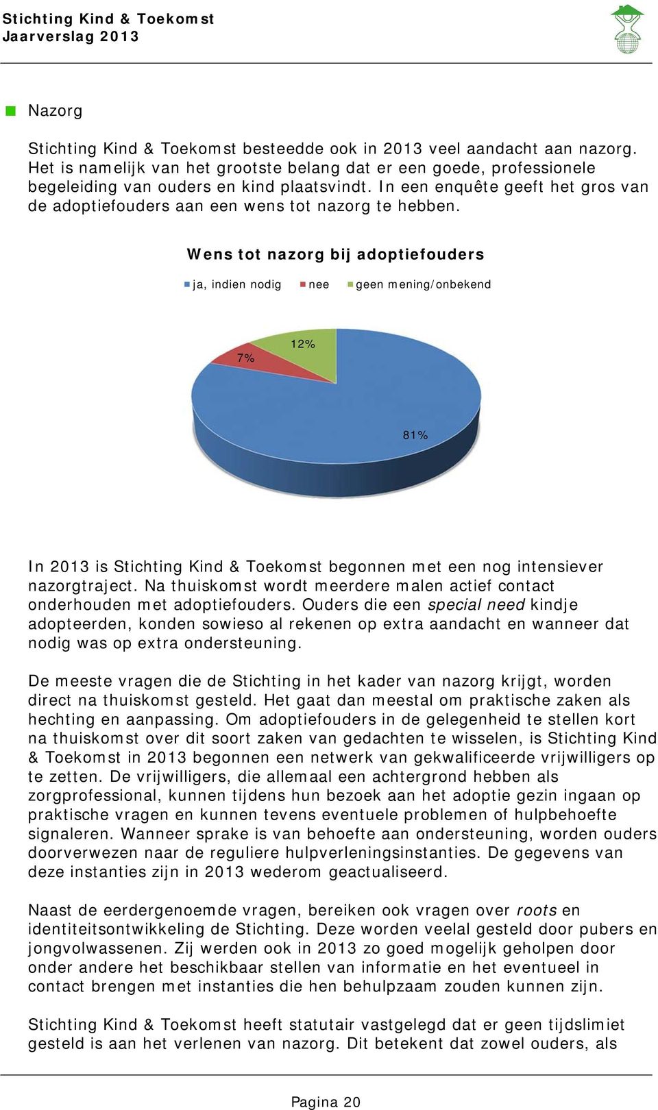 Wens tot nazorg bij adoptiefouders ja, indien nodig nee geen mening/onbekend 7% 12% 81% In 2013 is Stichting Kind & Toekomst begonnen met een nog intensiever nazorgtraject.