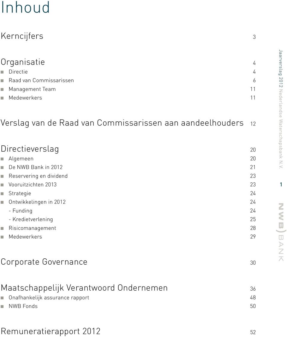 Vooruitzichten 2013 23 n Strategie 24 n Ontwikkelingen in 2012 24 - Funding 24 - Kredietverlening 25 n Risicomanagement 28 n Medewerkers