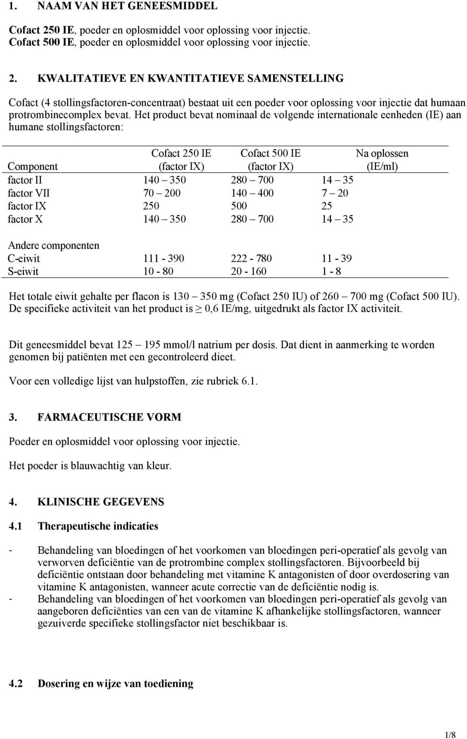 KWALITATIEVE EN KWANTITATIEVE SAMENSTELLING Cofact (4 stollingsfactoren-concentraat) bestaat uit een poeder voor oplossing voor injectie dat humaan protrombinecomplex bevat.