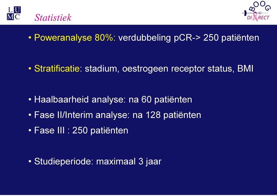 Haalbaarheid analyse: na 60 patiënten Fase II/Interim analyse: