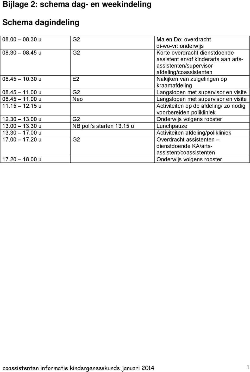 00 u G2 Langslopen met supervisor en visite 08.45 11.00 u Neo Langslopen met supervisor en visite 11.15 12.15 u Activiteiten op de afdeling/ zo nodig voorbereiden polikliniek 12.30 13.