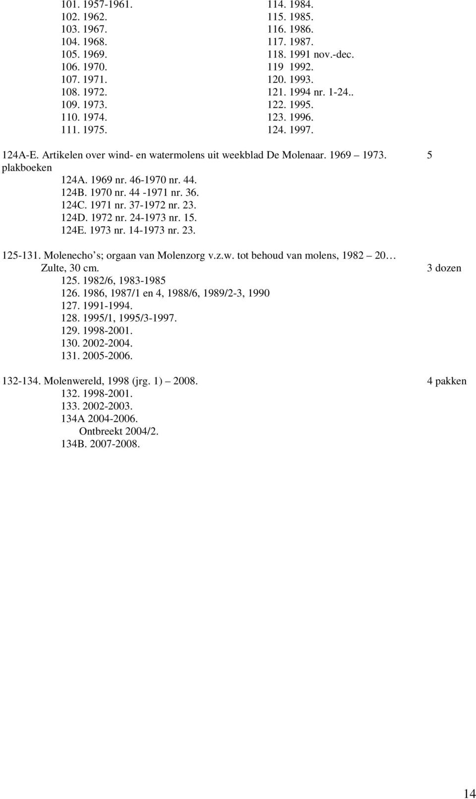 1970 nr. 44-1971 nr. 36. 124C. 1971 nr. 37-1972 nr. 23. 124D. 1972 nr. 24-1973 nr. 15. 124E. 1973 nr. 14-1973 nr. 23. 125-131. Molenecho s; orgaan van Molenzorg v.z.w.