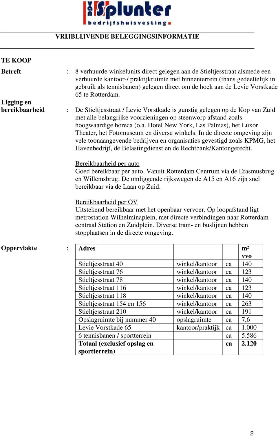 Ligging en bereikbaarheid : De Stieltjesstraat / Levie Vorstkade is gunstig gelegen op de Kop van Zuid met alle belangrijke voorzieningen op steenworp afstand zoals hoogwaardige horeca (o.a. Hotel New York, Las Palmas), het Luxor Theater, het Fotomuseum en diverse winkels.