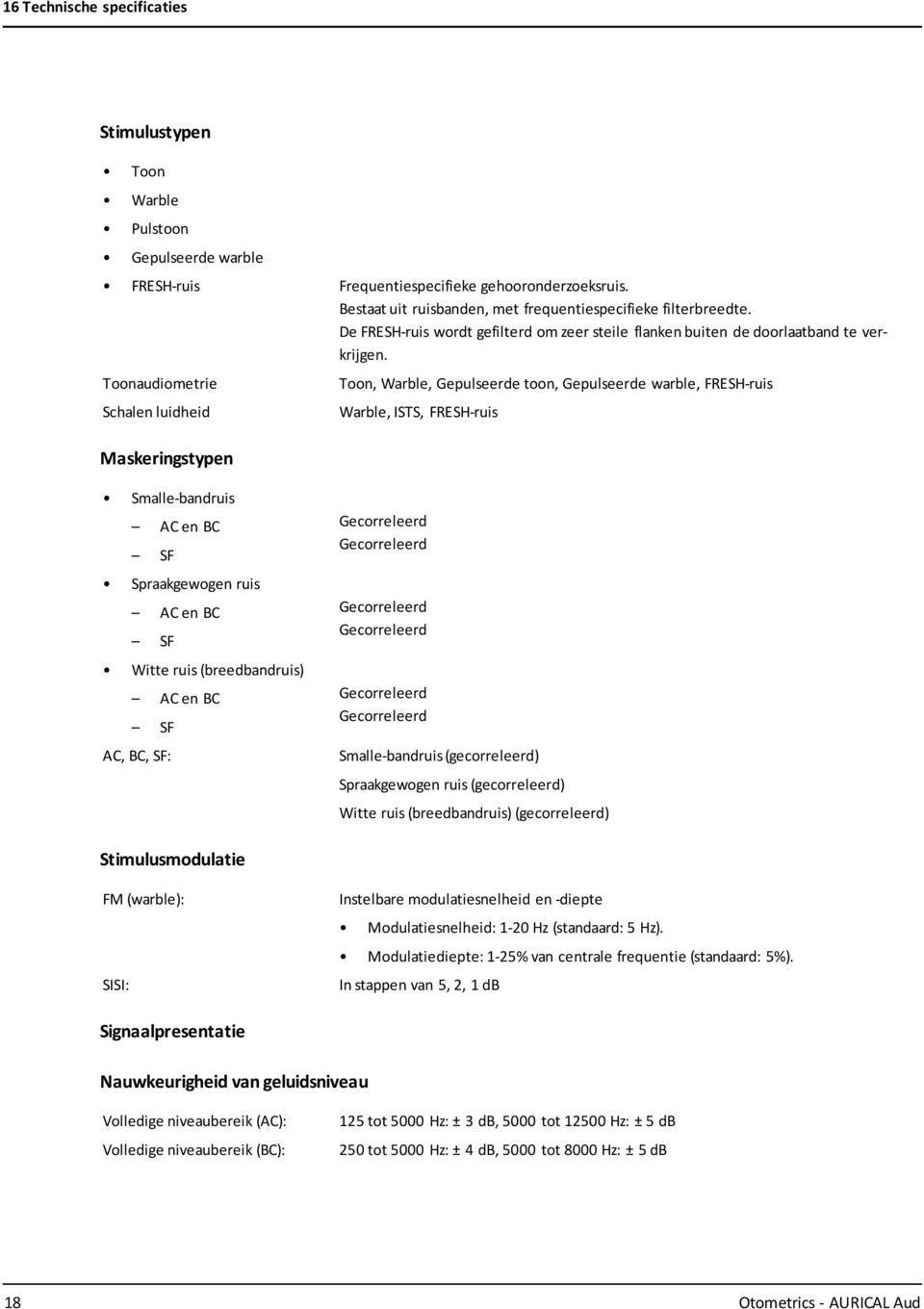 Toonaudiometrie Schalen luidheid Maskeringstypen Toon, Warble, Gepulseerde toon, Gepulseerde warble, FRESH-ruis Warble, ISTS, FRESH-ruis Smalle-bandruis AC en BC SF Spraakgewogen ruis AC en BC SF