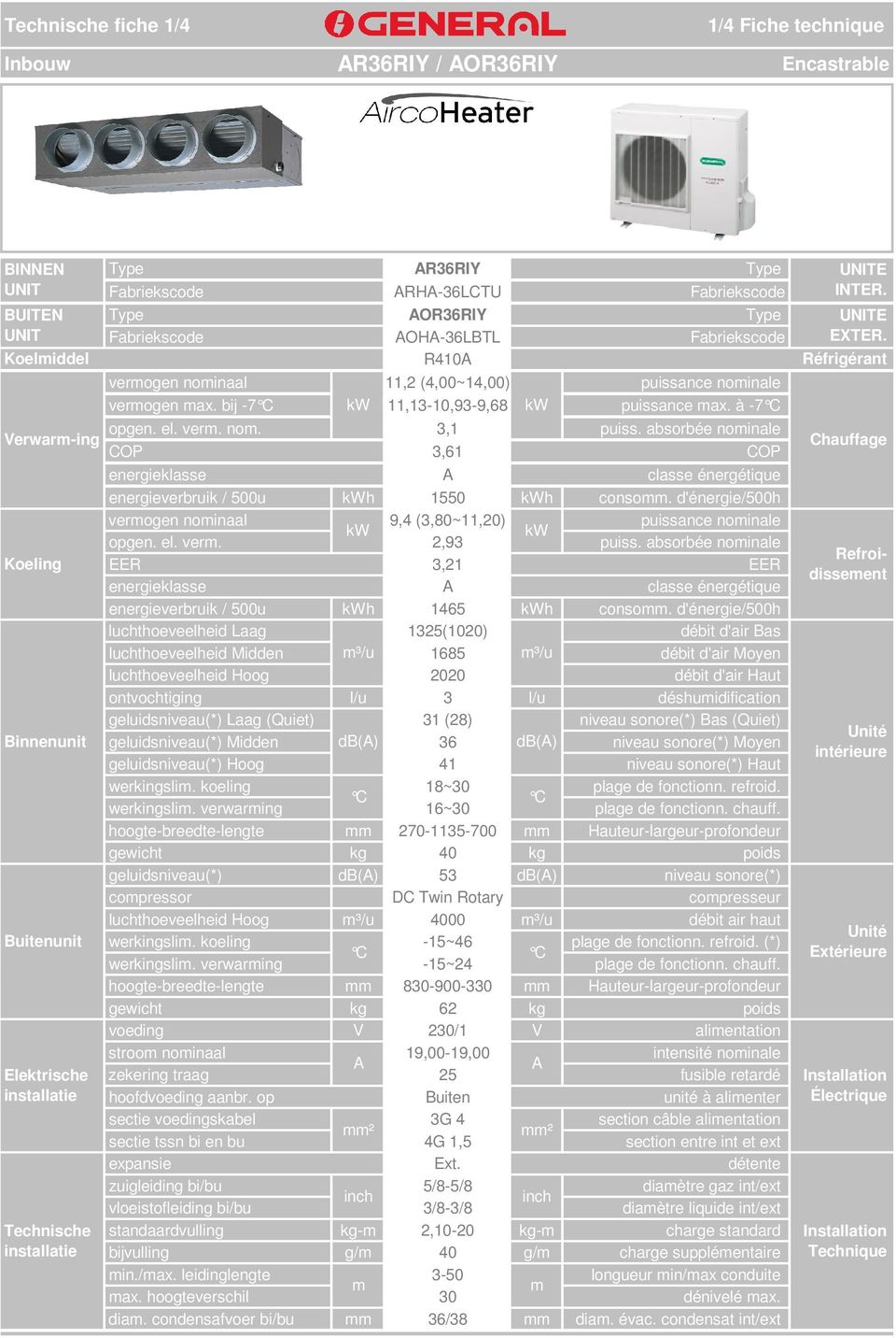 absorbée nominale COP 3,61 COP Chauffage. energieklasse A classe énergétique energieverbruik / 500u kwh 1550 kwh consomm.