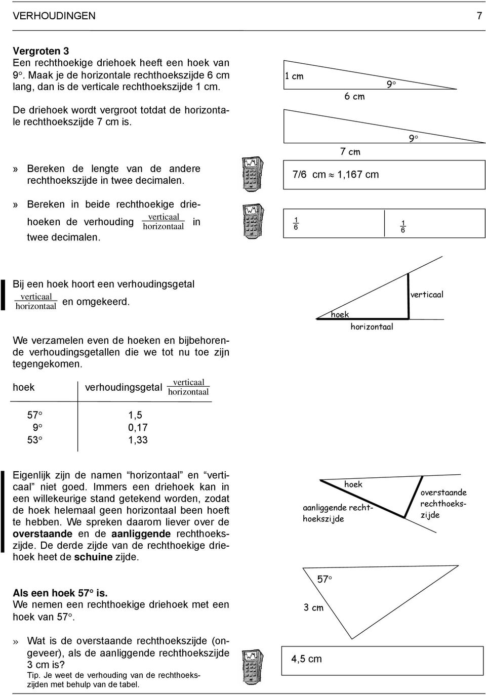 7/6 cm 1,167 cm» Bereken in beide rechthoekige driehoeken de verhouding horizontaal in verticaal twee decimalen. 1 6 1 6 Bij een hoek hoort een verhoudingsgetal verticaal horizontaal en omgekeerd.