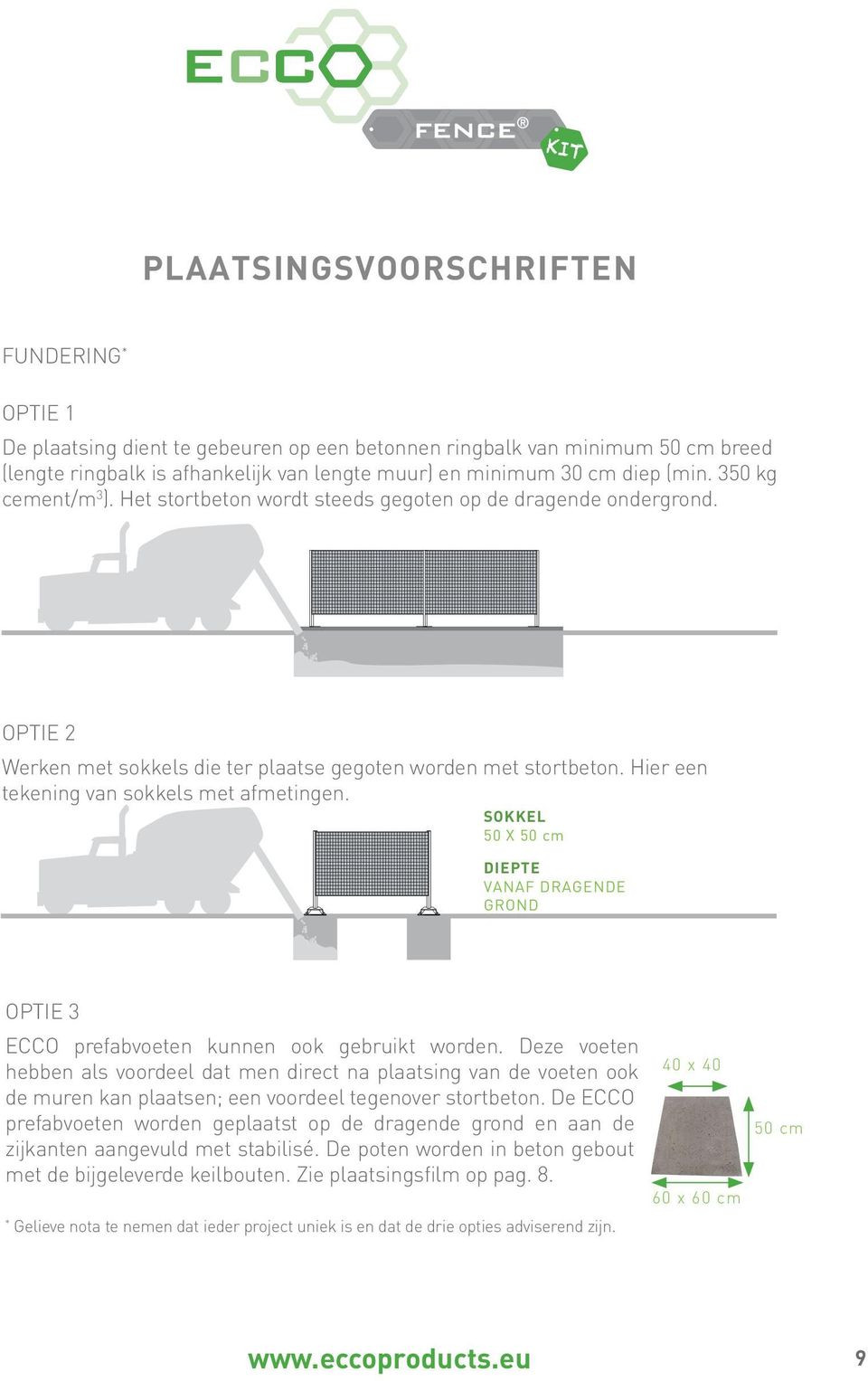 Hier een tekening van sokkels met afmetingen. Sokkel 50 x 50 cm diepte vanaf dragende grond optie 3 ECCO prefabvoeten kunnen ook gebruikt worden.