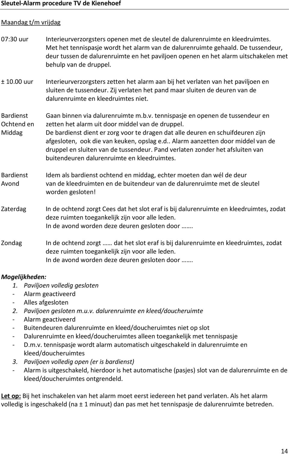 00 uur Interieurverzorgsters zetten het alarm aan bij het verlaten van het paviljoen en sluiten de tussendeur. Zij verlaten het pand maar sluiten de deuren van de dalurenruimte en kleedruimtes niet.