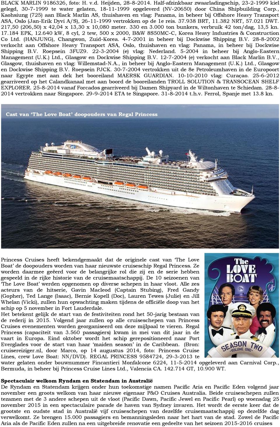 , Kaohsiung (725) aan Black Marlin AS, thuishaven en vlag: Panama, in beheer bij Offshore Heavy Transport ASA, Oslo (Jan-Erik Dyvi A/S), 26-11-1999 vertrokken op de 1e reis. 37.938 BRT, 11.