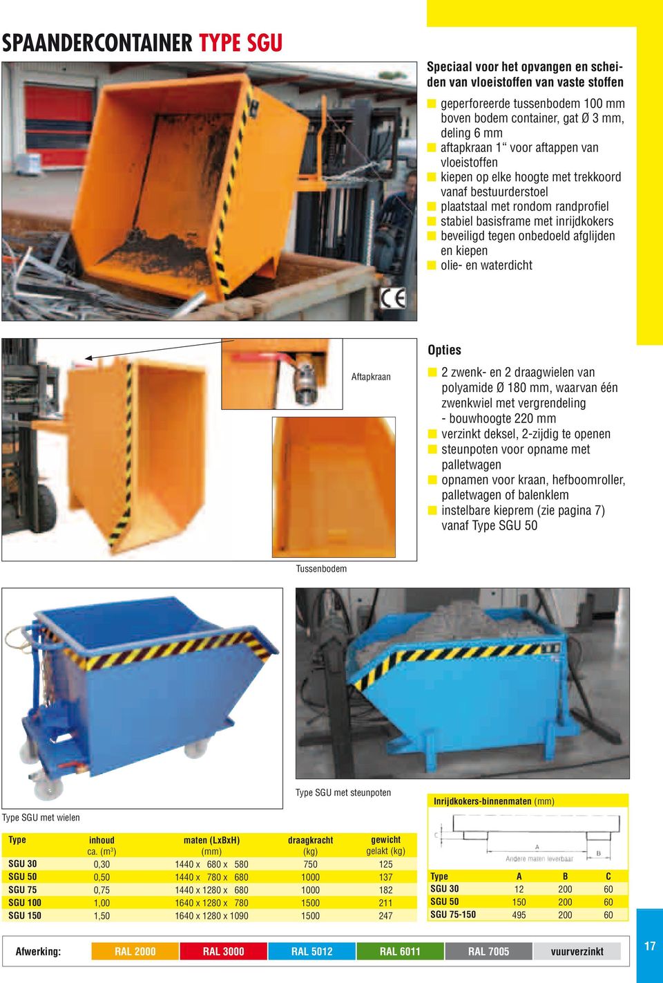 Opties 2 zwenk- en 2 draagwielen van polyamide Ø 180 mm, waarvan één zwenkwiel met vergrendeling - bouwhoogte 220 mm verzinkt deksel, 2-zijdig te openen steunpoten voor opname met palletwagen opnamen