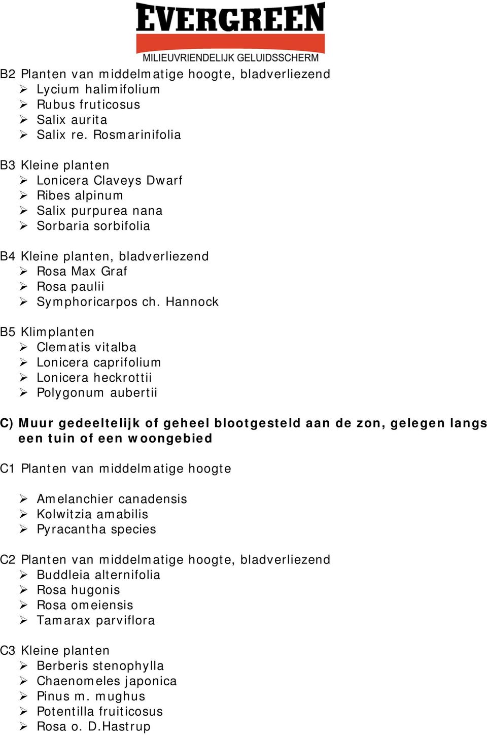 Hannock B5 Klimplanten Clematis vitalba Lonicera caprifolium Lonicera heckrottii Polygonum aubertii C) Muur gedeeltelijk of geheel blootgesteld aan de zon, gelegen langs een tuin of een woongebied C1