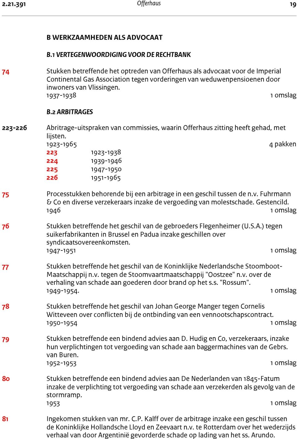 inwoners van Vlissingen. 1937-1938 1 omslag B.2 Arbitrages B.2 ARBITRAGES 223-226 Abritrage-uitspraken van commissies, waarin Offerhaus zitting heeft gehad, met lijsten.