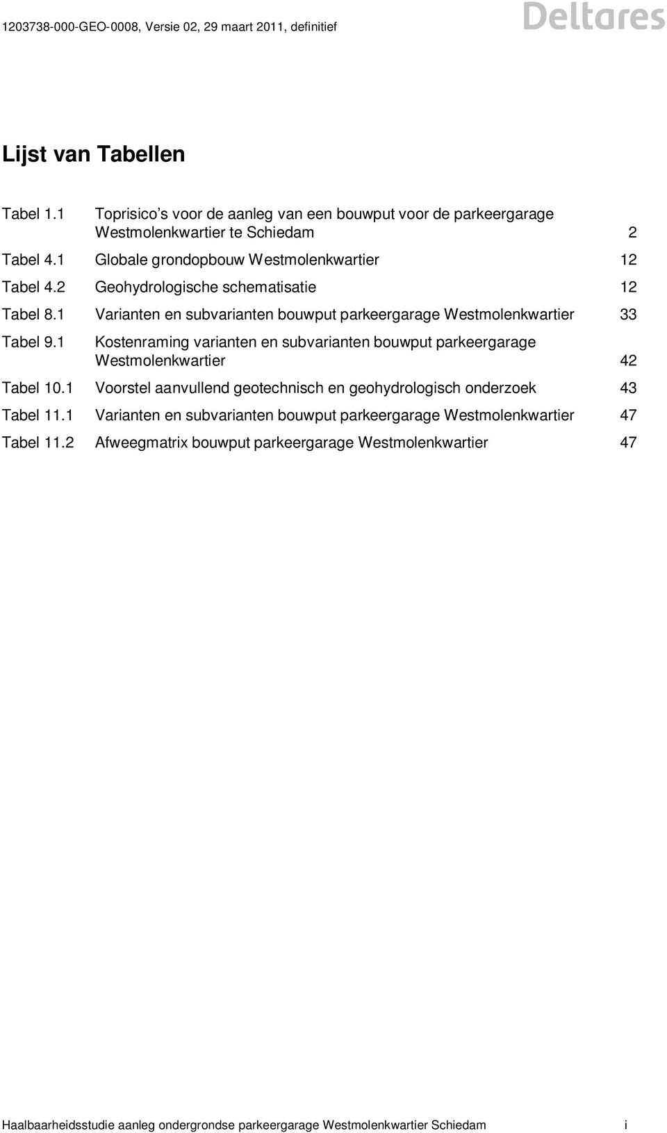 1 Kostenraming varianten en subvarianten bouwput parkeergarage Westmolenkwartier 42 Tabel 10.1 Voorstel aanvullend geotechnisch en geohydrologisch onderzoek 43 Tabel 11.