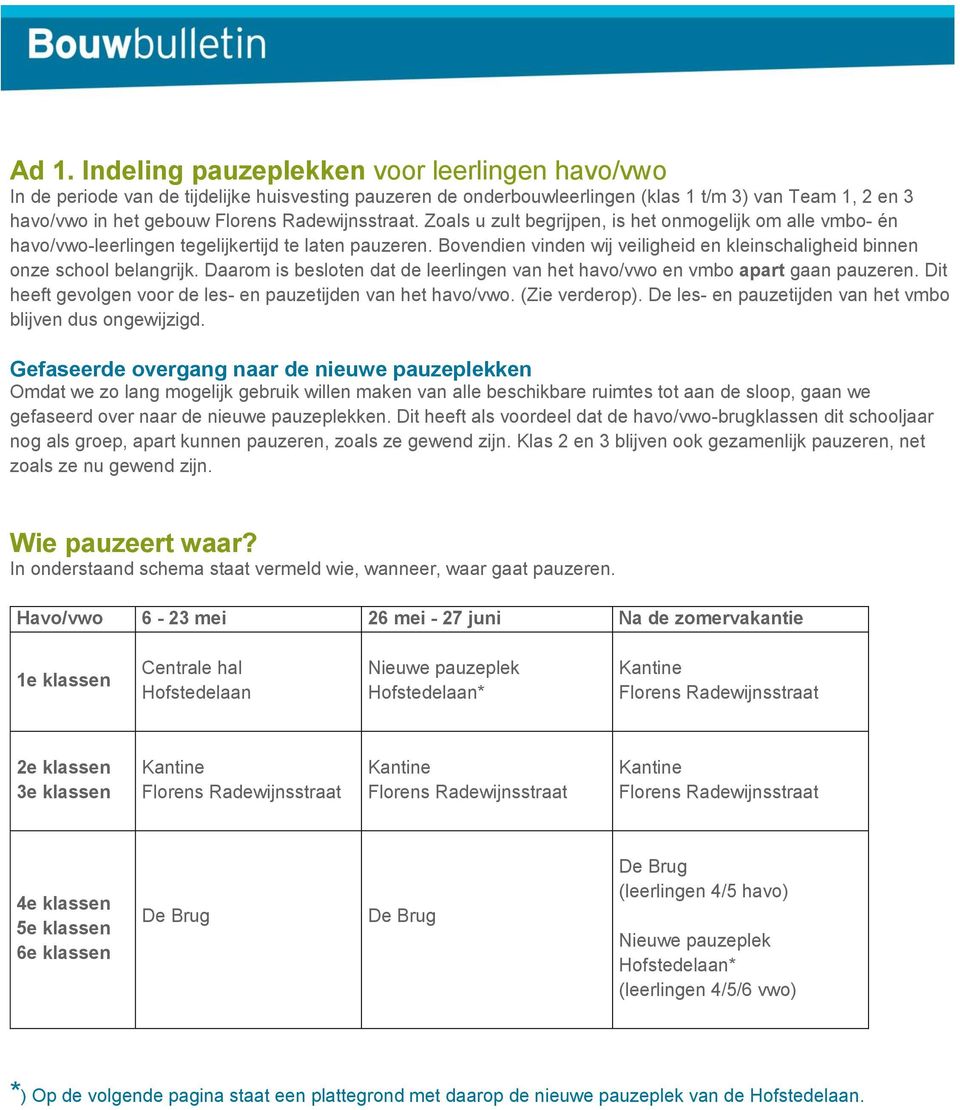 Daarom is besloten dat de leerlingen van het havo/vwo en vmbo apart gaan pauzeren. Dit heeft gevolgen voor de les- en pauzetijden van het havo/vwo. (Zie verderop).