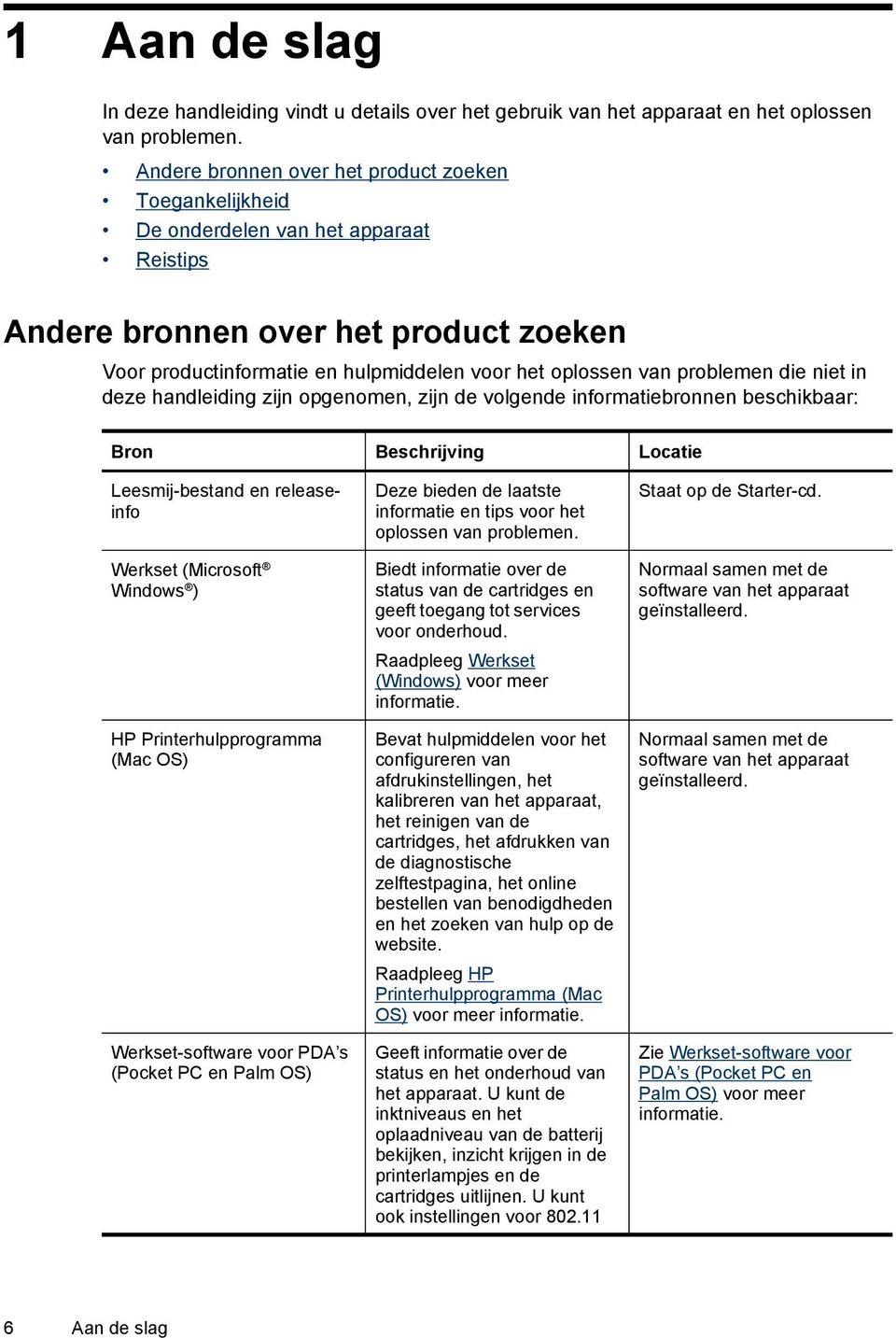 problemen die niet in deze handleiding zijn opgenomen, zijn de volgende informatiebronnen beschikbaar: Bron Beschrijving Locatie Leesmij-bestand en releaseinfo Werkset (Microsoft Windows ) HP