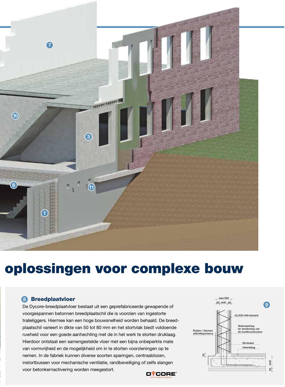 De breedplaatschil varieert in dikte van 50 tot 80 mm en het stortvlak biedt voldoende ruwheid voor een goede aanhechting met de in het werk te storten druklaag.